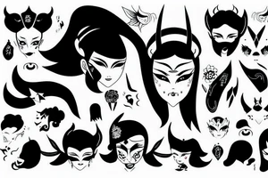 girl with horns, pointy ears, green eyes and long black hair in a chineese mask tattoo idea