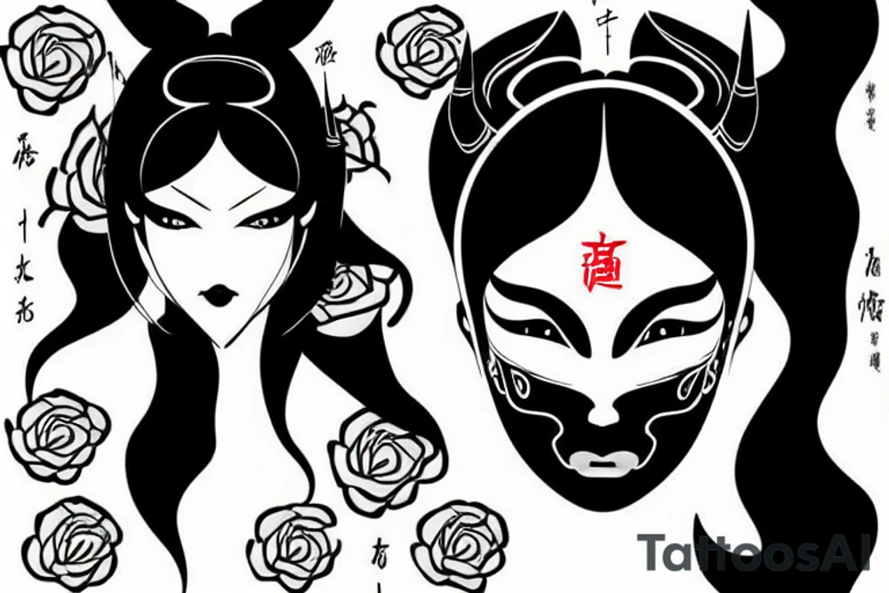 girl with horns, pointy ears, green eyes and long black hair in a chineese mask tattoo idea