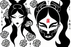 girl with horns, pointy ears, green eyes and long black hair in a chineese mask tattoo idea