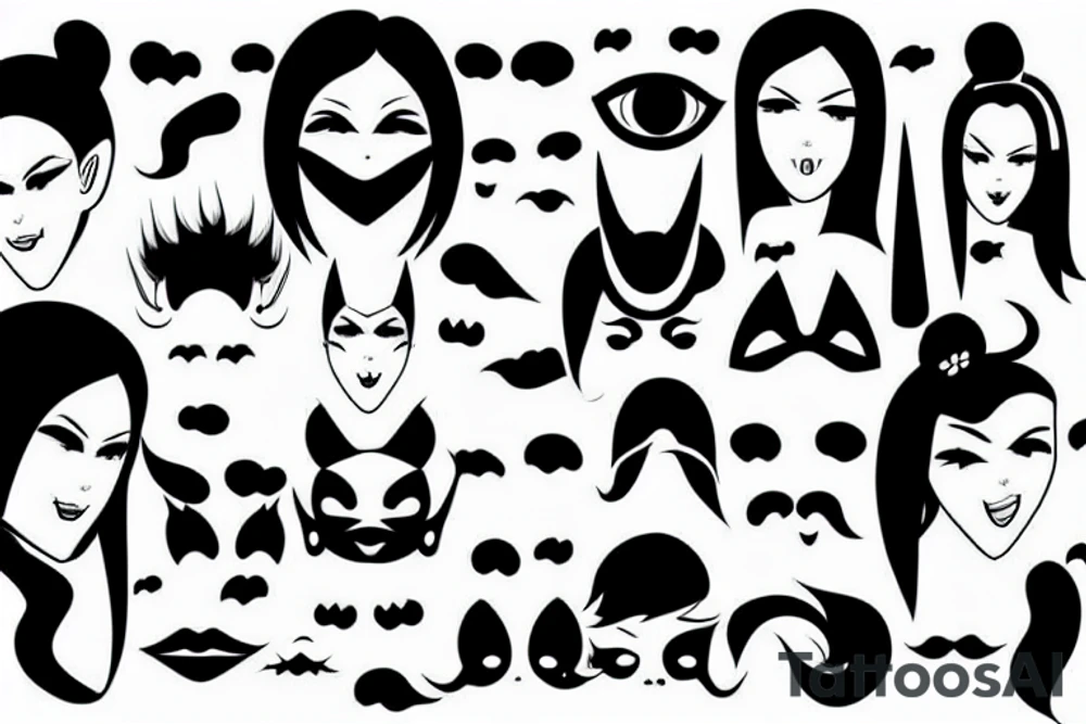 girl with horns, pointy ears, green eyes and long black hair in a chineese mask tattoo idea