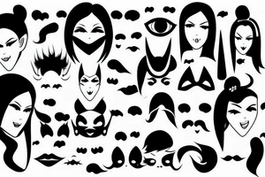 girl with horns, pointy ears, green eyes and long black hair in a chineese mask tattoo idea