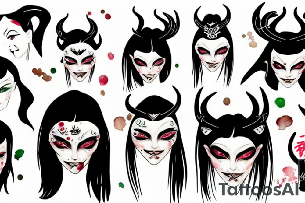 girl with horns, pointy ears, green eyes and long black hair in a chineese mask tattoo idea