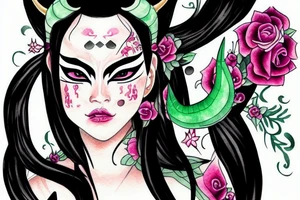 girl with horns, pointy ears, green eyes and long black hair in a chineese mask tattoo idea