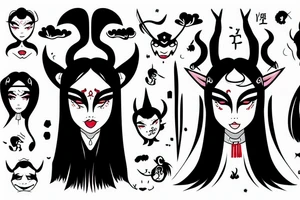 girl with horns, pointy ears and long black hair in a chineese mask tattoo idea