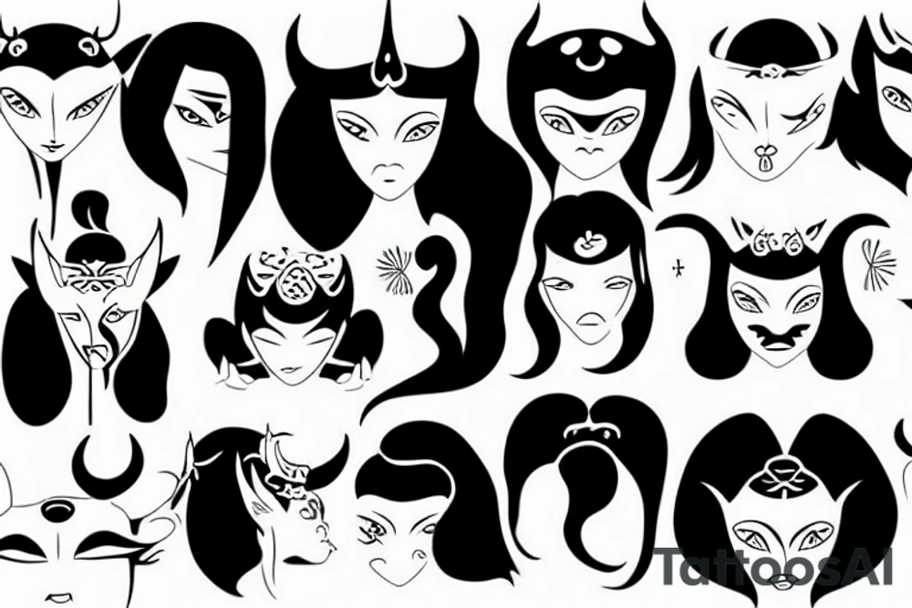 girl with horns, pointy ears and long black hair in a chineese mask tattoo idea