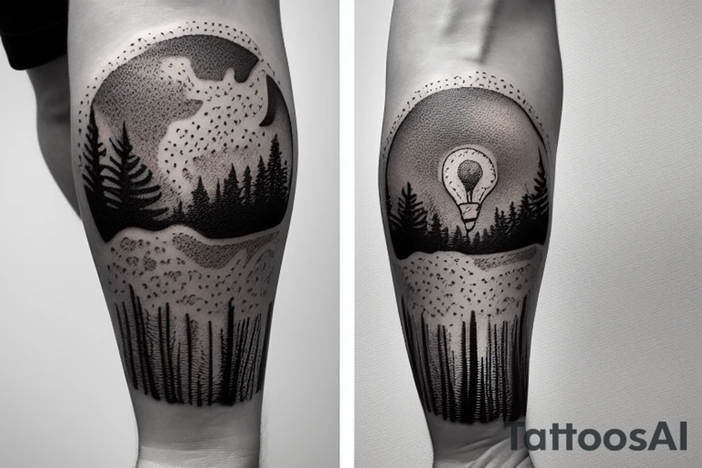 A lightbulb with a Forrest landscape inside it tattoo idea