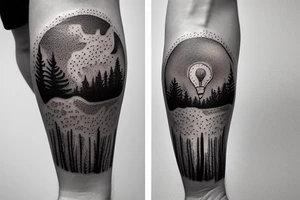 A lightbulb with a Forrest landscape inside it tattoo idea