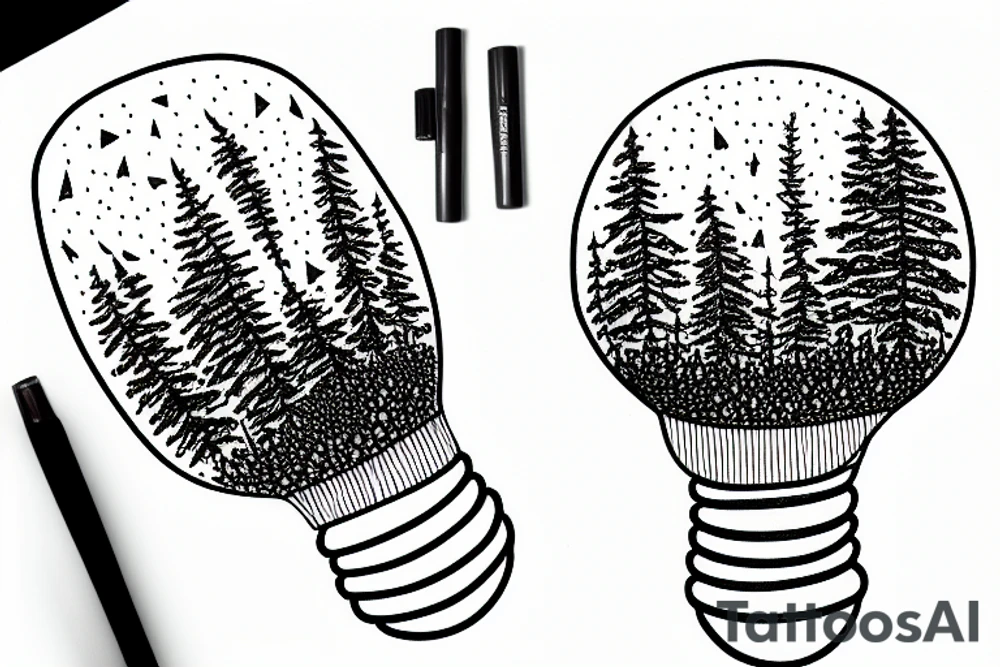 Forest landscape inside a lightbulb tattoo idea
