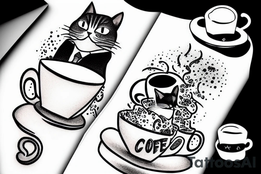Cat in a suit drinking coffee tattoo idea