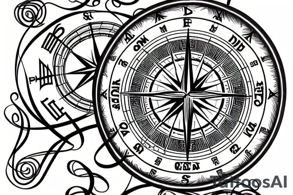 compass with points to directions swirls and vines and a lantern tattoo idea