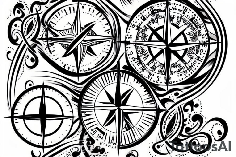 compass with points to directions swirls and vines and a lantern tattoo idea