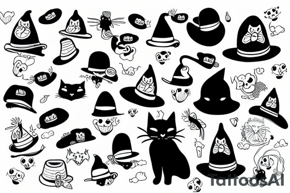 Black cat wearing a funny hat and sweater tattoo idea