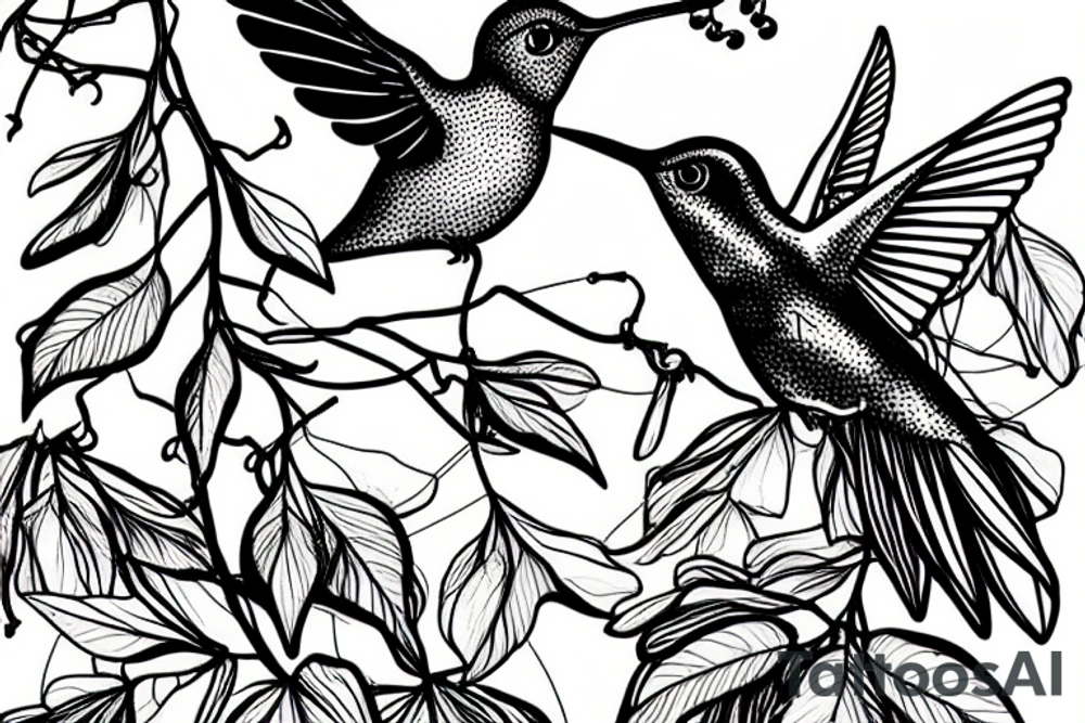 Hummingbird sucking from a honeysuckle vine with Aries constellation tattoo idea