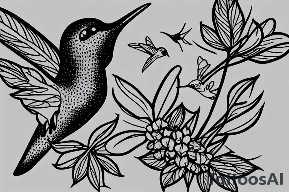 Hummingbird sucking from a honeysuckle vine with Aries constellation tattoo idea