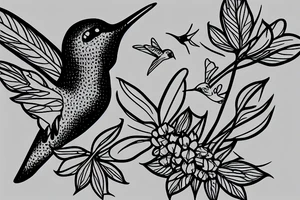 Hummingbird sucking from a honeysuckle vine with Aries constellation tattoo idea