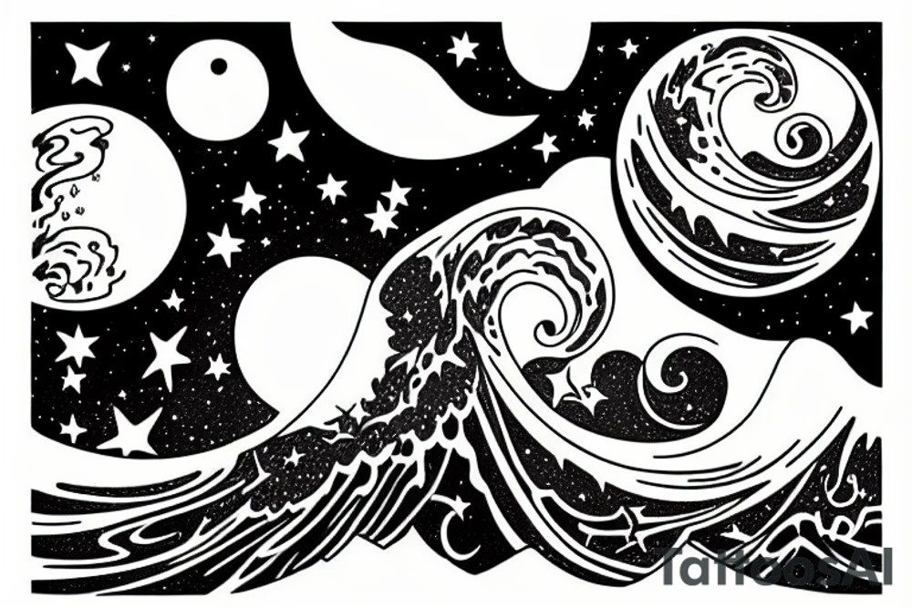 moon and 3 stars above a wave tattoo idea