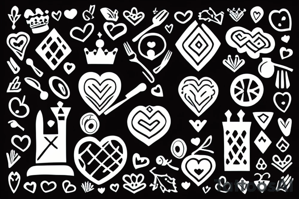 square containing a linear gradient from black to white.  In a line down the middle of the gradient are some small icons.  The icons are a love heart, a crown of thorns, a woman, a glass of wine, and a plate with cutlery. tattoo idea