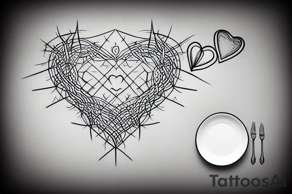 square containing a linear gradient from black to white.  In a line down the middle of the gradient are some small icons.  The icons are a love heart, a crown of thorns, a woman, a glass of wine, and a plate with cutlery. tattoo idea