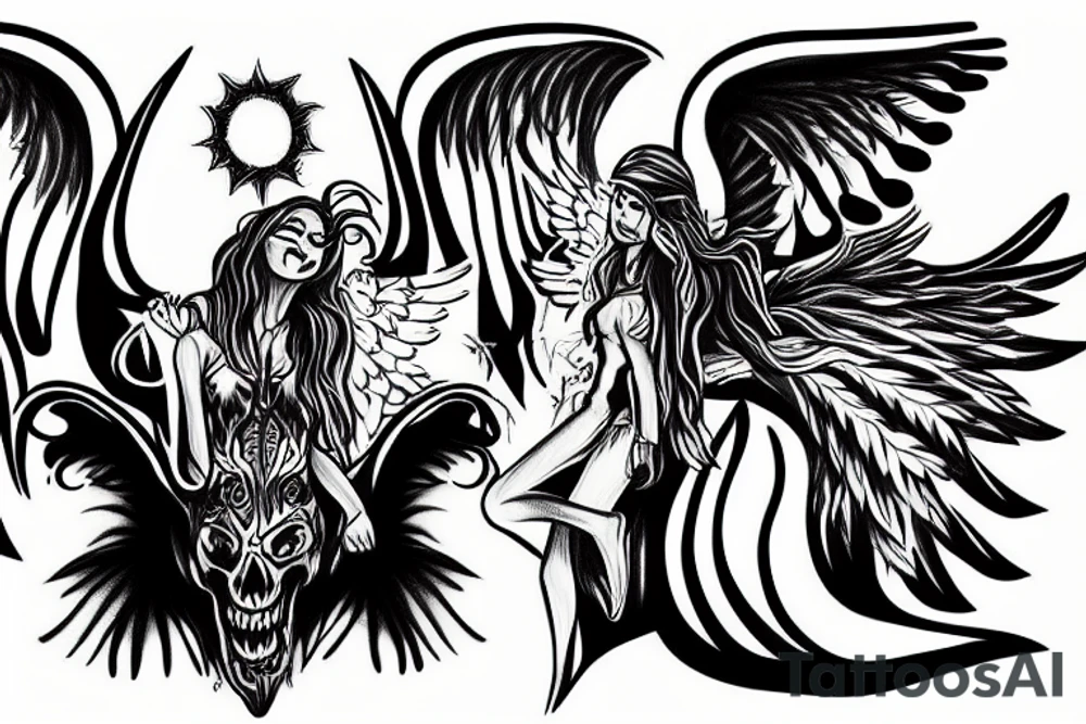 Angel stabbing devil in black clouds tattoo idea