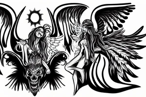 Angel stabbing devil in black clouds tattoo idea