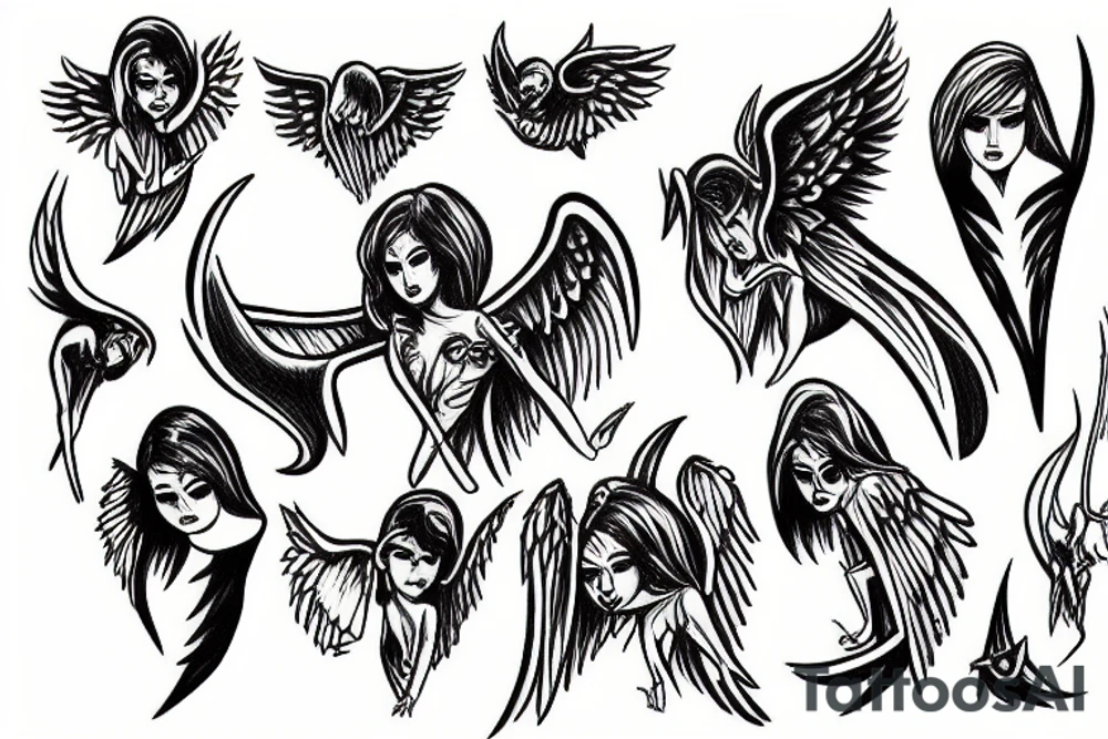 Angel stabbing devil in black clouds tattoo idea