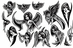Angel stabbing devil in black clouds tattoo idea