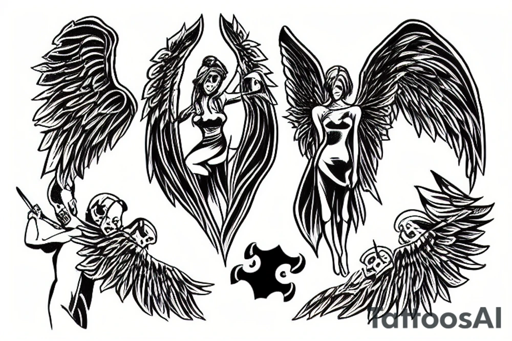 Angel stabbing devil in black clouds tattoo idea
