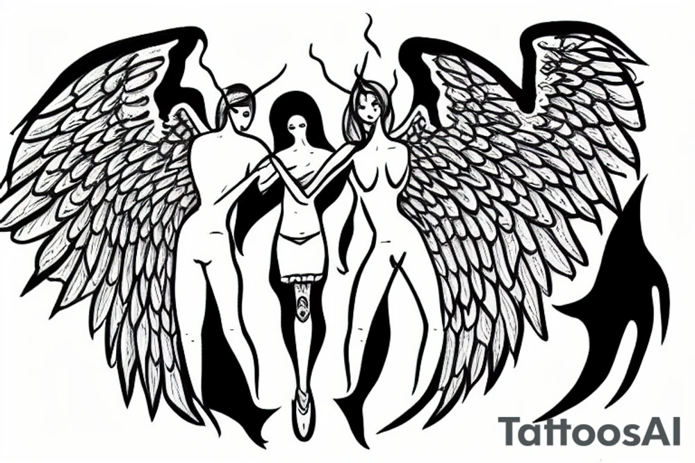 Angel stabbing devil in black clouds tattoo idea