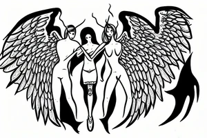 Angel stabbing devil in black clouds tattoo idea