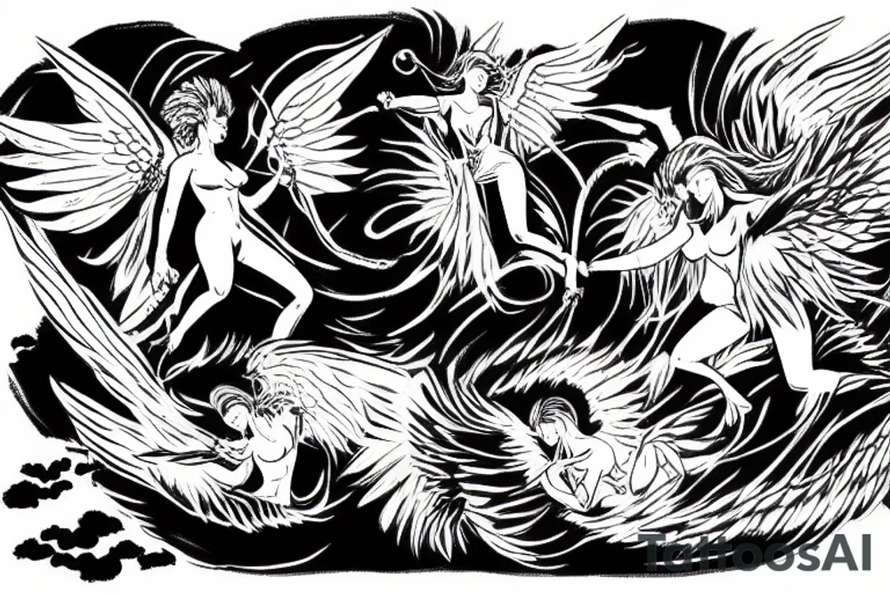 Angel fighting devil in black clouds tattoo idea