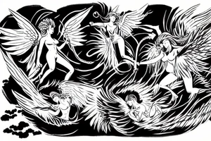 Angel fighting devil in black clouds tattoo idea