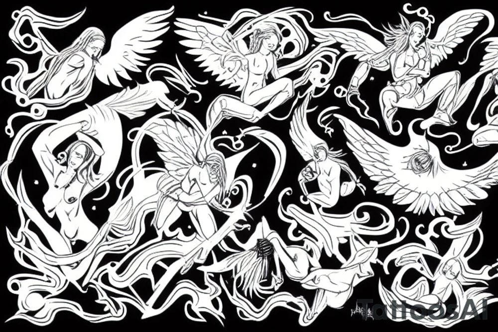 Angel fighting devil in black clouds tattoo idea
