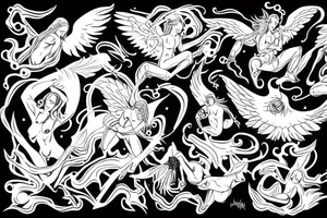 Angel fighting devil in black clouds tattoo idea