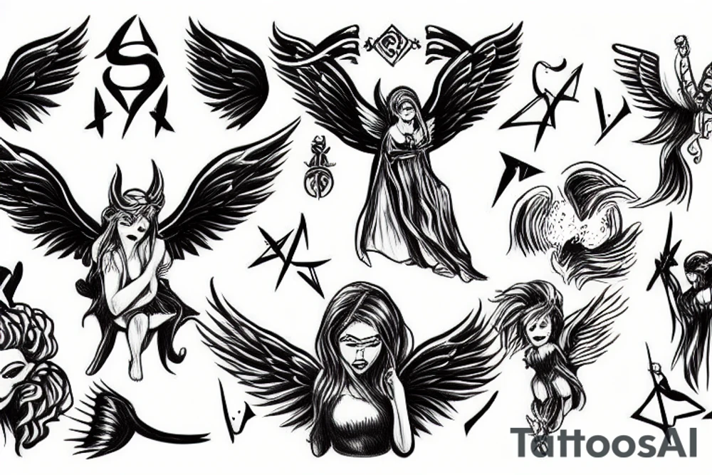 Angel fighting devil in black clouds tattoo idea