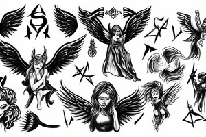 Angel fighting devil in black clouds tattoo idea