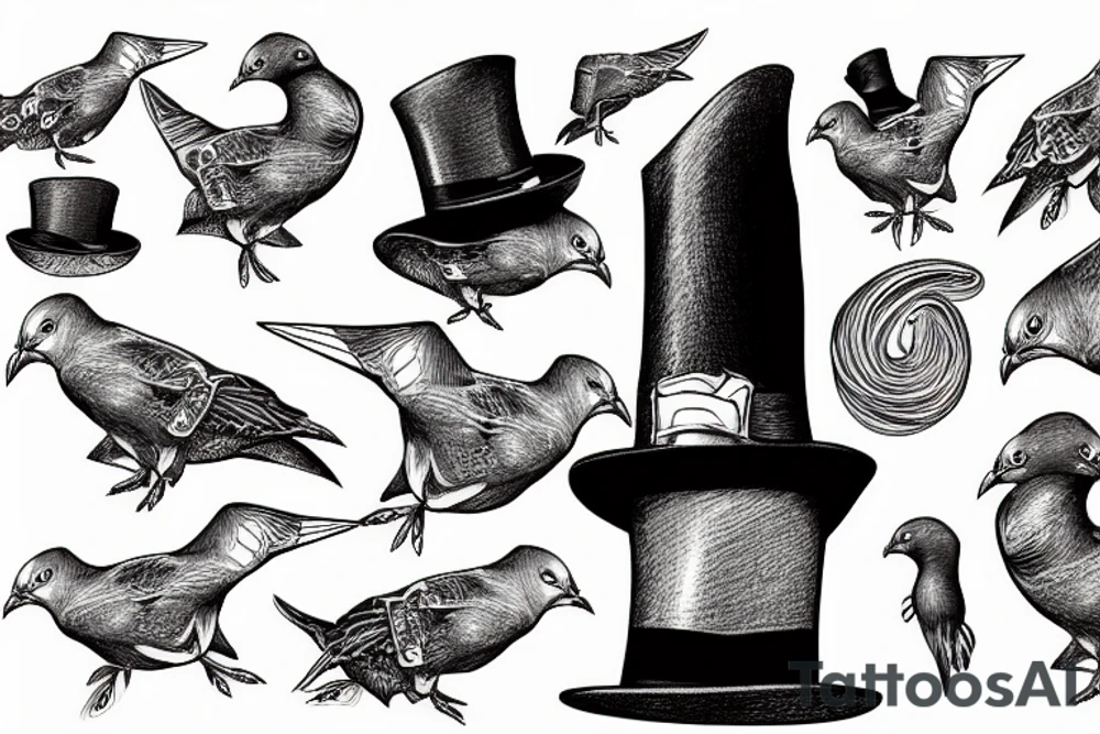 pigeon in a top hat, 4k, eldritch creature tattoo idea