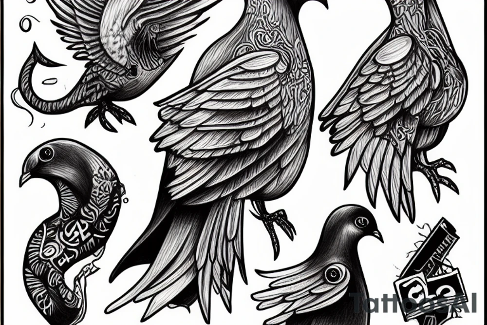 pigeon in a suit, eldritch creature, evil being, omen of bad times tattoo idea