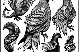 pigeon in a suit, eldritch creature, evil being, omen of bad times tattoo idea