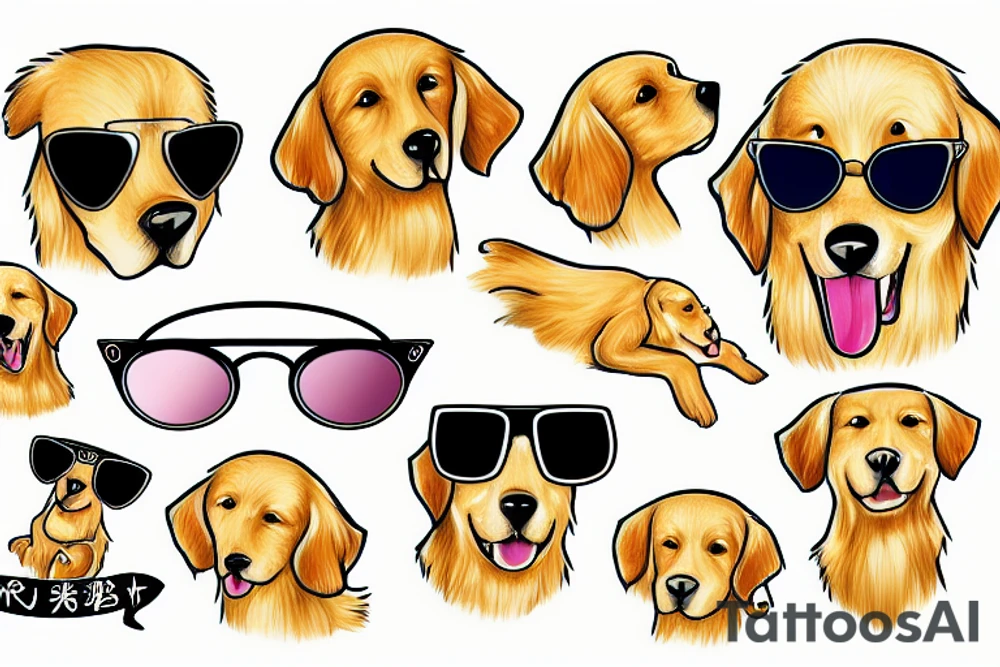 Funny golden retriever with sunglasses surfing tattoo idea