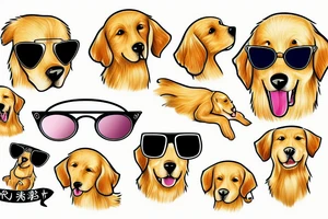 Funny golden retriever with sunglasses surfing tattoo idea