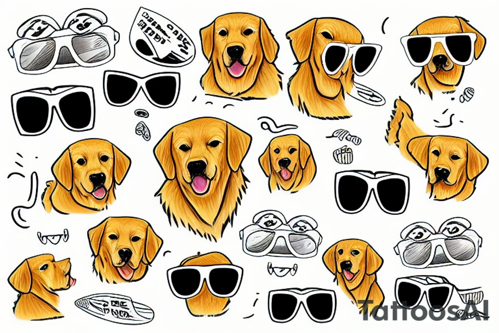 Funny golden retriever with sunglasses surfing tattoo idea
