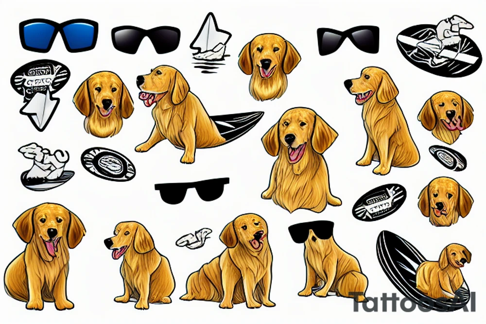 Funny golden retriever with sunglasses surfing on surfboard and waves in water tattoo idea