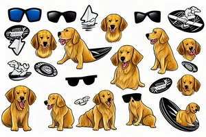 Funny golden retriever with sunglasses surfing on surfboard and waves in water tattoo idea