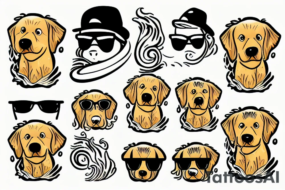 Funny golden retriever with sunglasses surfing on surfboard and waves in water tattoo idea