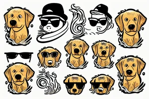 Funny golden retriever with sunglasses surfing on surfboard and waves in water tattoo idea