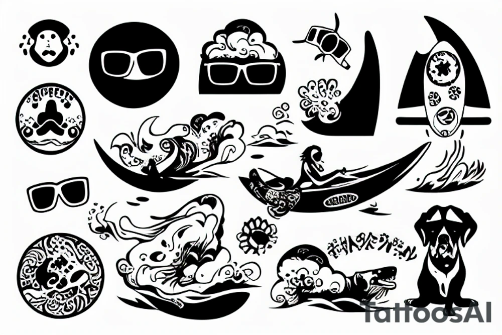 Funny dog with sunglasses on surfboard riding on ocean waves tattoo idea