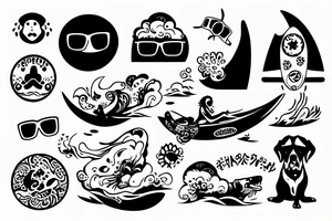 Funny dog with sunglasses on surfboard riding on ocean waves tattoo idea