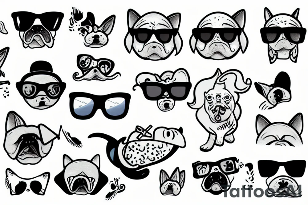 Funny dog with sunglasses on surfboard riding on ocean waves tattoo idea