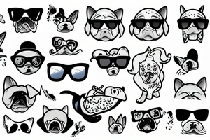 Funny dog with sunglasses on surfboard riding on ocean waves tattoo idea