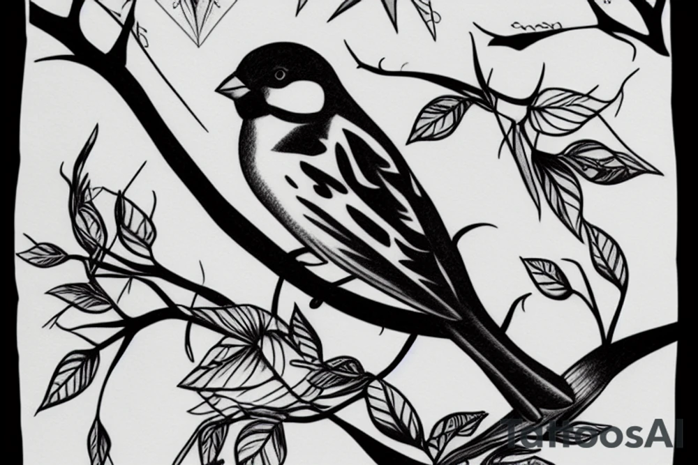 A sparrow sits on a branch tattoo idea